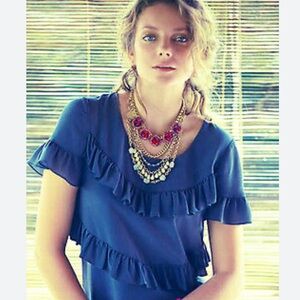 Anthropologie HD in Paris 100% silk royal blue ruffle tier blouse size XS